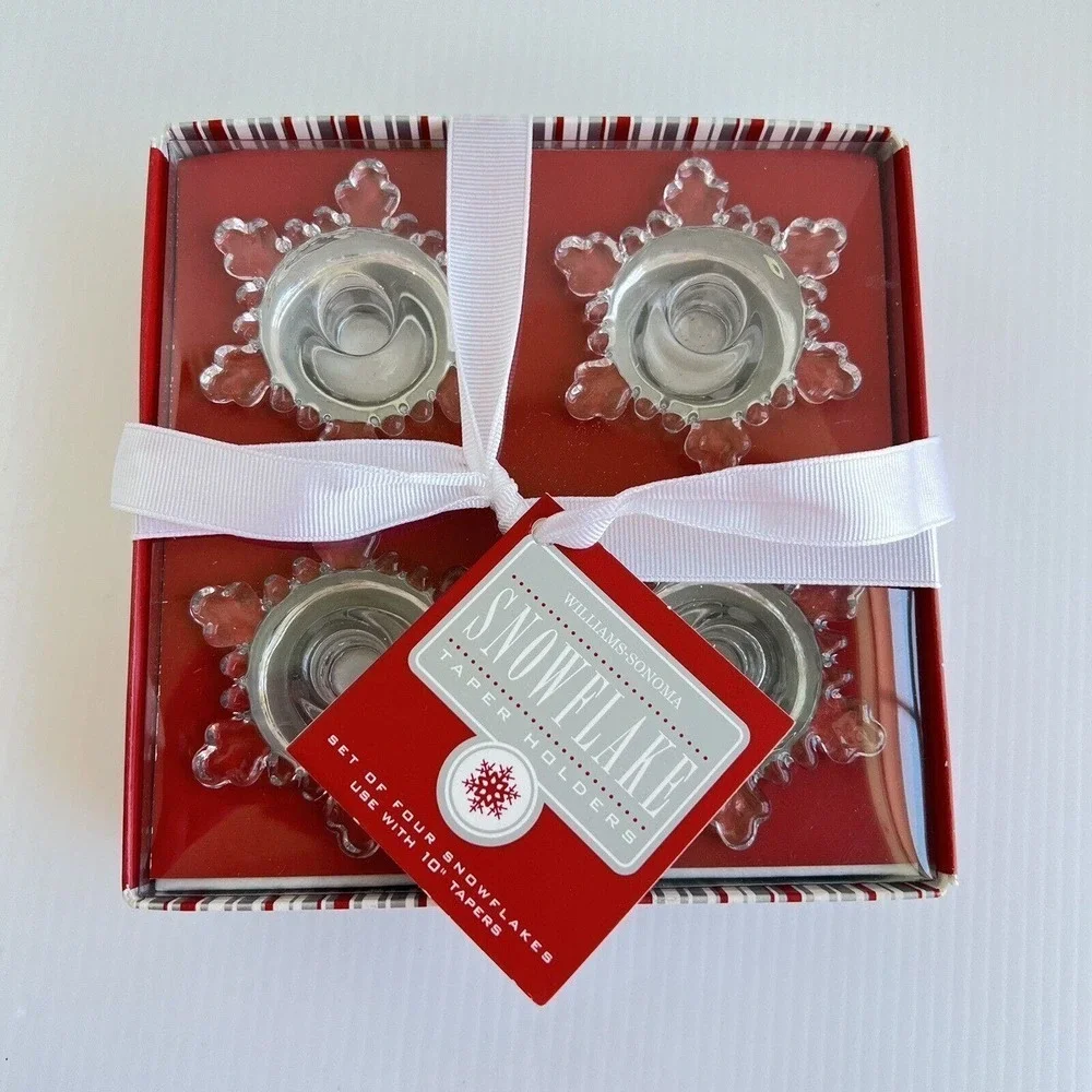 Williams Sonoma Crystal Snowflake Taper Candle Holders Set of 4 NEW